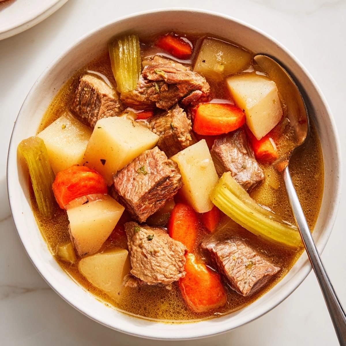Warm, comforting Beef & Veggie Stew served in a rustic bowl, ready to enjoy.