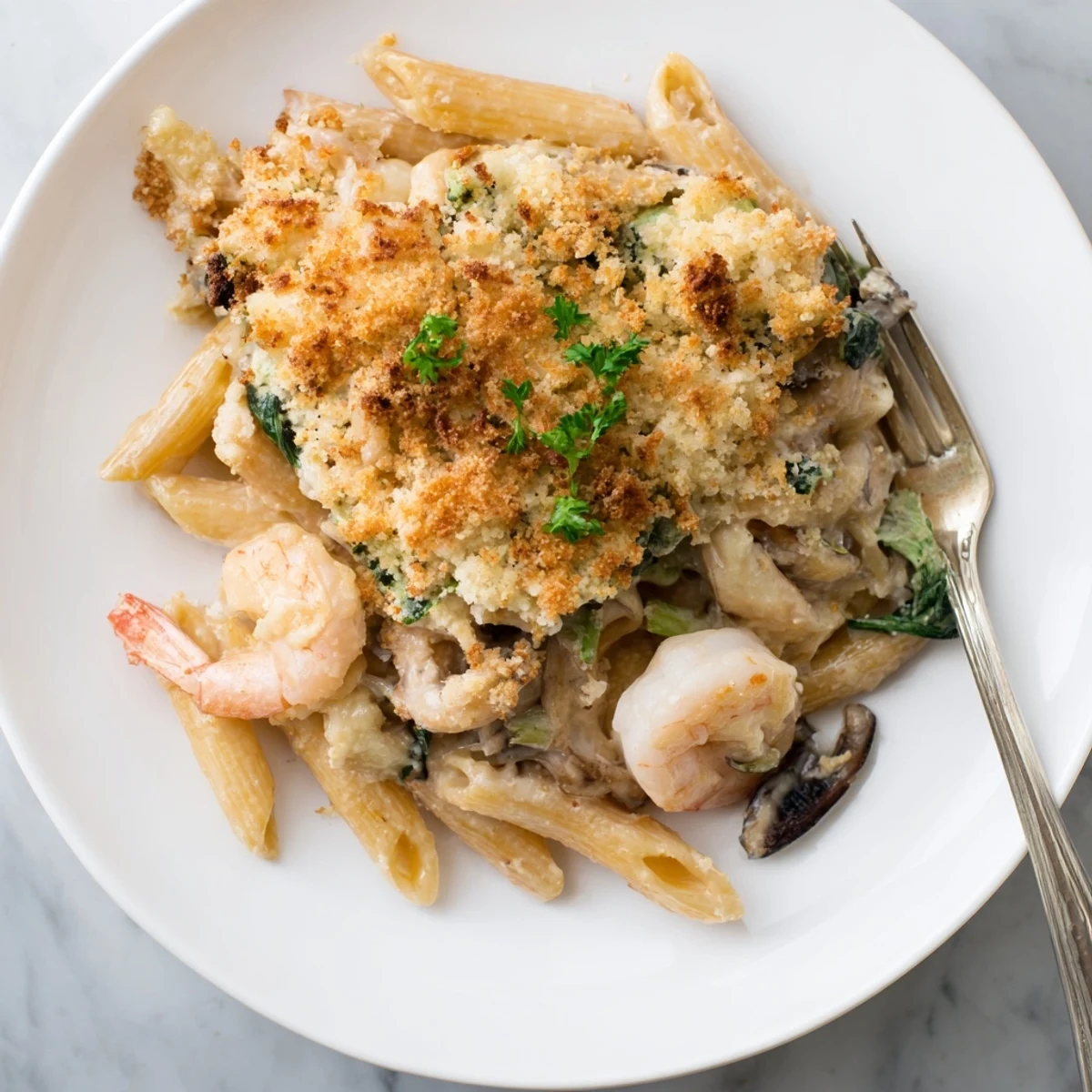 Creamy Japanese seafood pasta bake topped with crunchy panko breadcrumbs and parsley.  