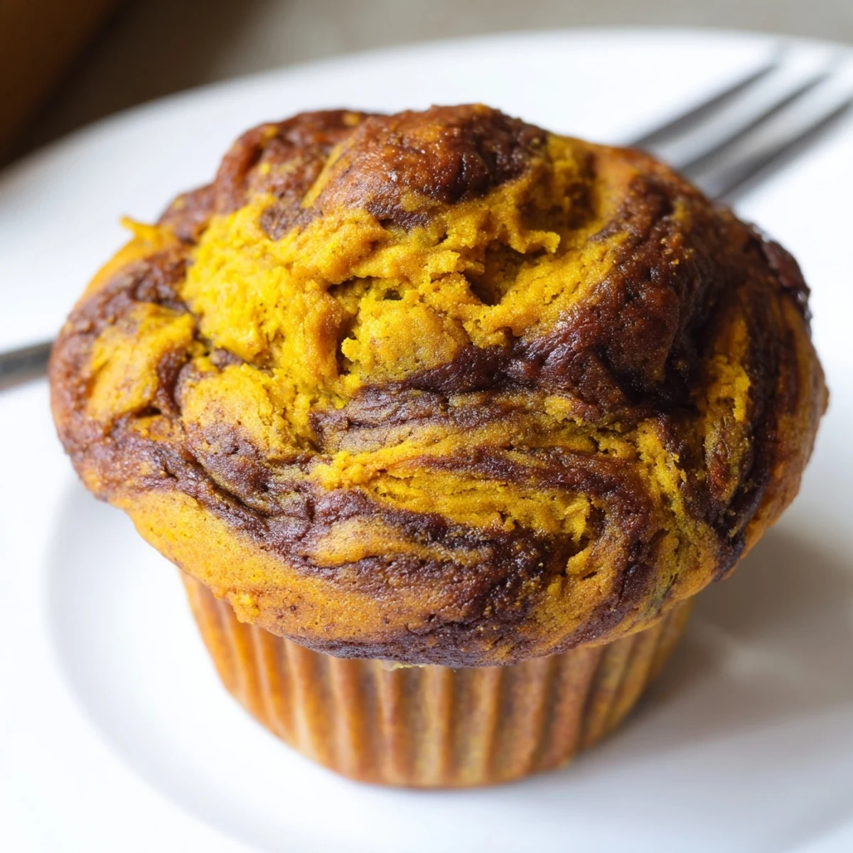 Moist gingerbread pumpkin muffin swirls topped with spiced gingerbread for festive delight.  