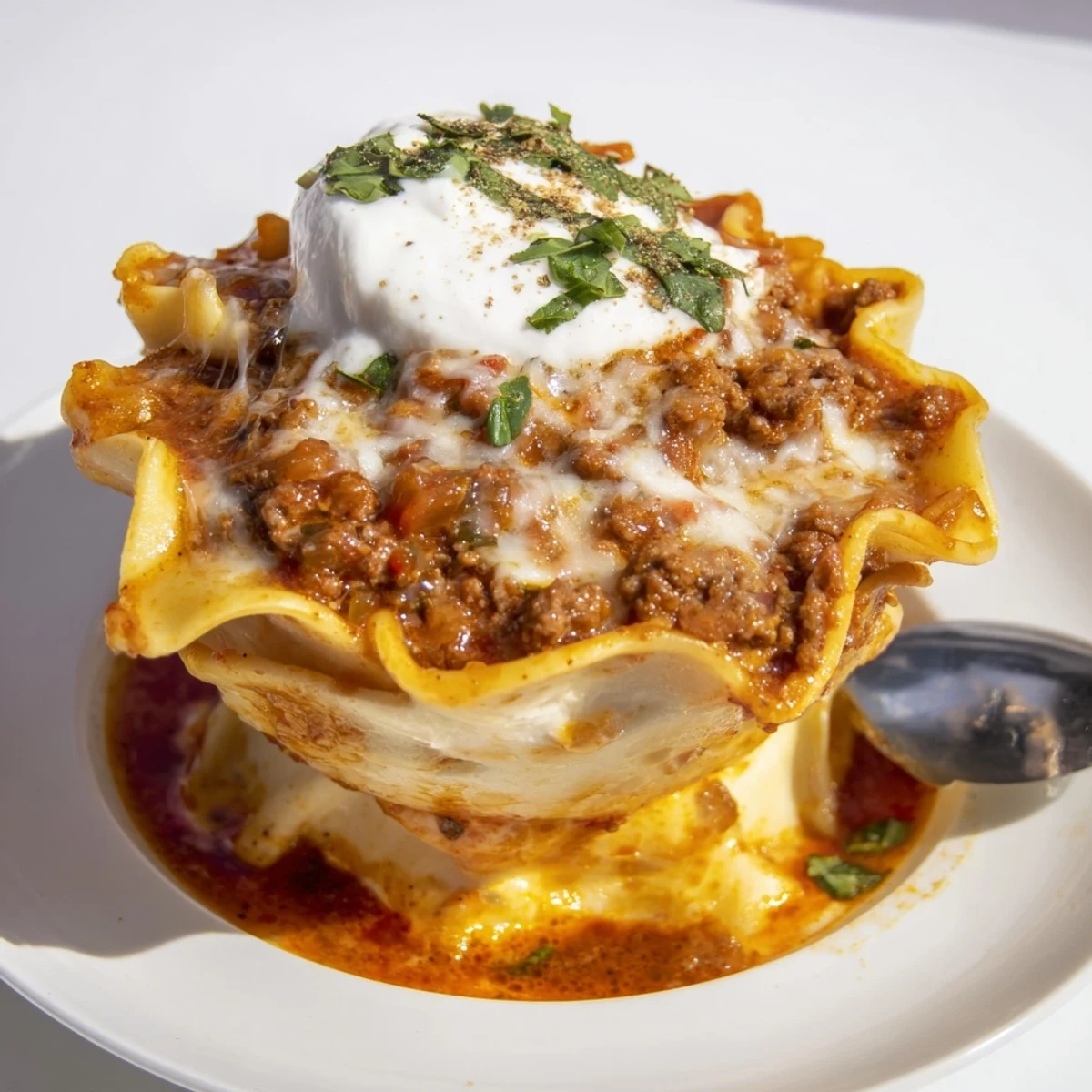 Crispy pizza crust bowls filled with rich, hearty lasagne soup, perfect for dinner.  