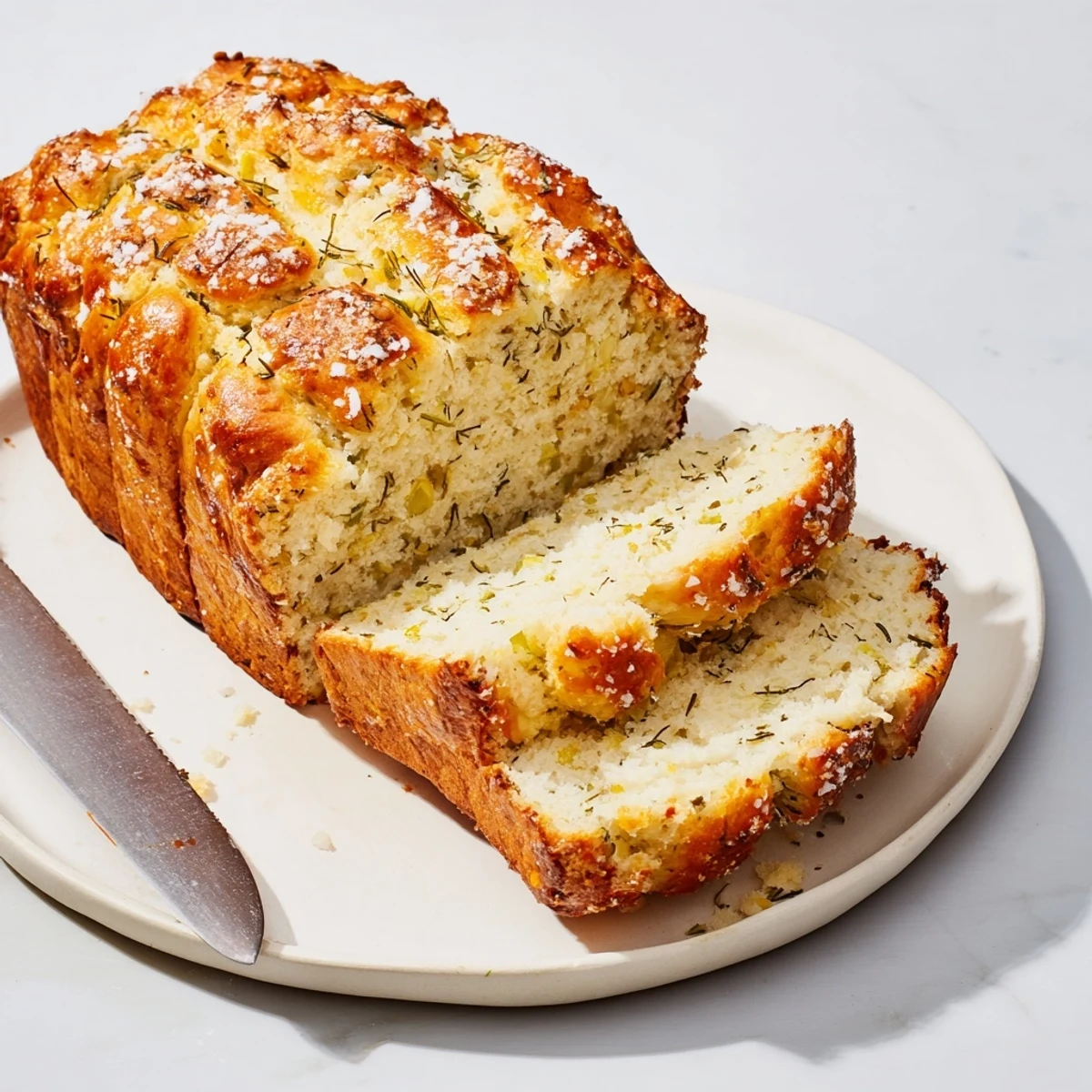 Savory Dill Pickle Cheddar Pretzel Muffin Loaf with a crispy, golden crust.