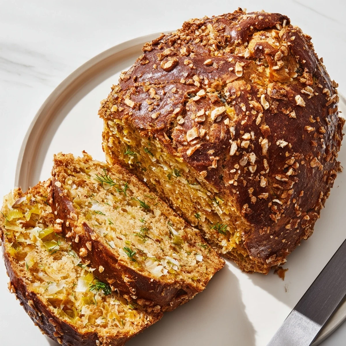 Warm Dill Pickle Cheddar Pretzel Muffin Loaf served alongside creamy soup.