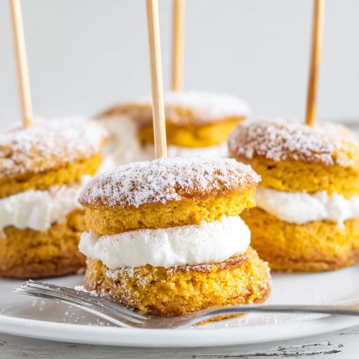 Colorful mini muffins on skewers, featuring sweet potato and cream cheese filling.  