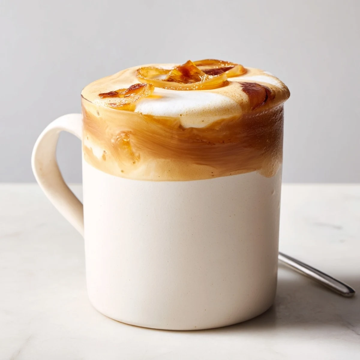 Creamy onion latte served with a drizzle of honey for added sweetness.