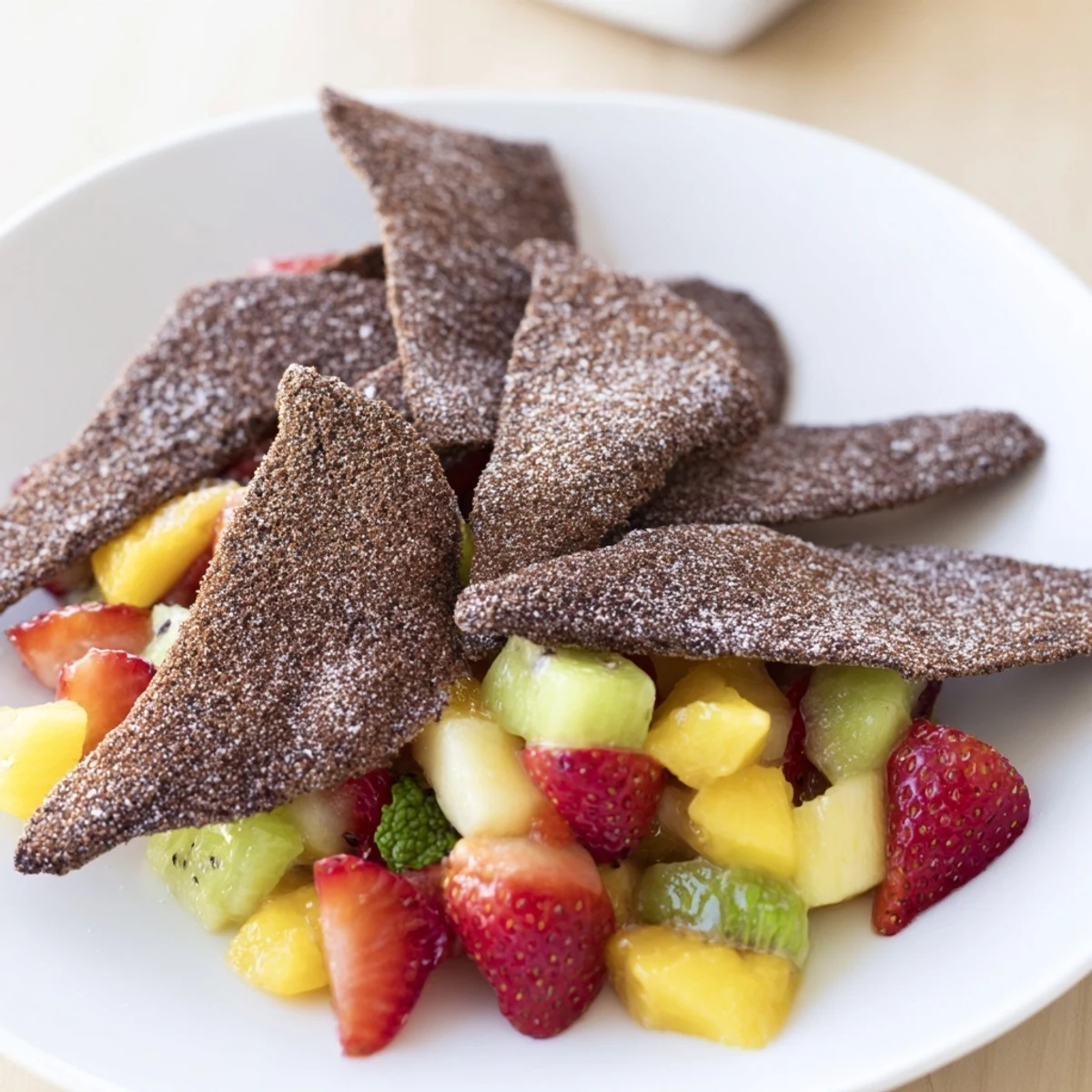 Crispy chocolate tortilla Dessert Chips & Salsa with fresh fruit and mint garnish.  