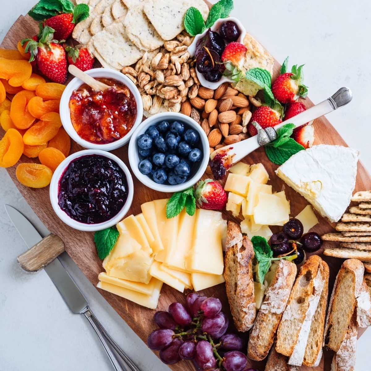 Gorgeous jam-infused brunch board garnished with fresh mint and a variety of breads.