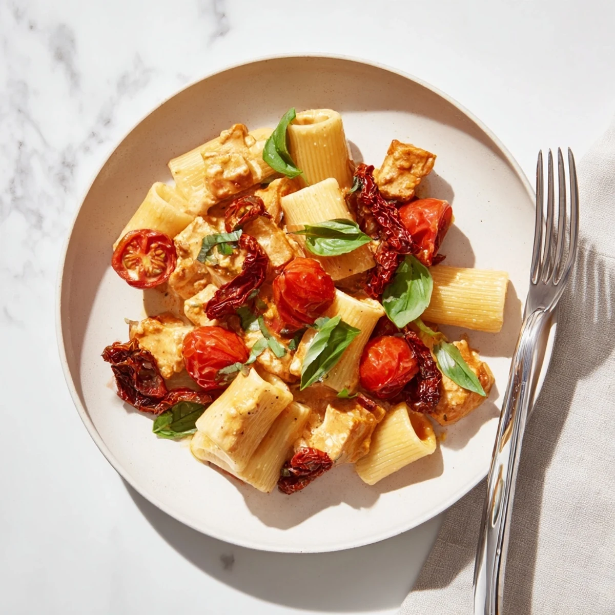 Creamy Baked Feta Pasta with caramelized onions and sun-dried tomatoes, perfect for dinner.  