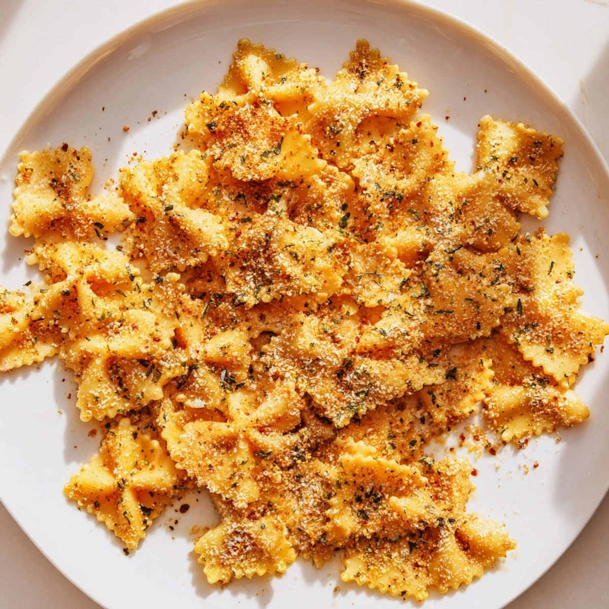 Crispy pasta chips seasoned to perfection, great for dipping or snacking.  
