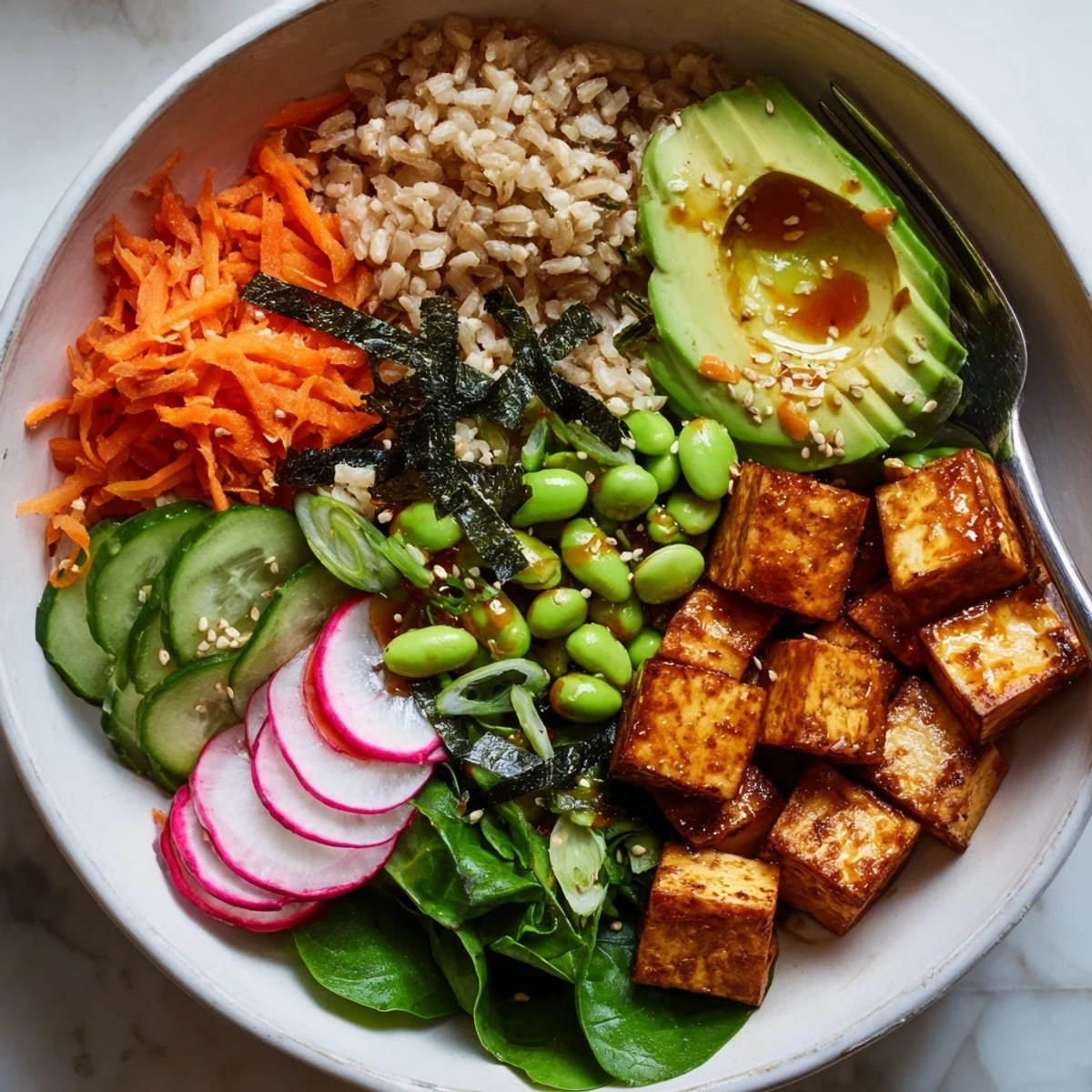 A colorful fermented vegetable bowl topped with vibrant kimchi and fresh greens.  