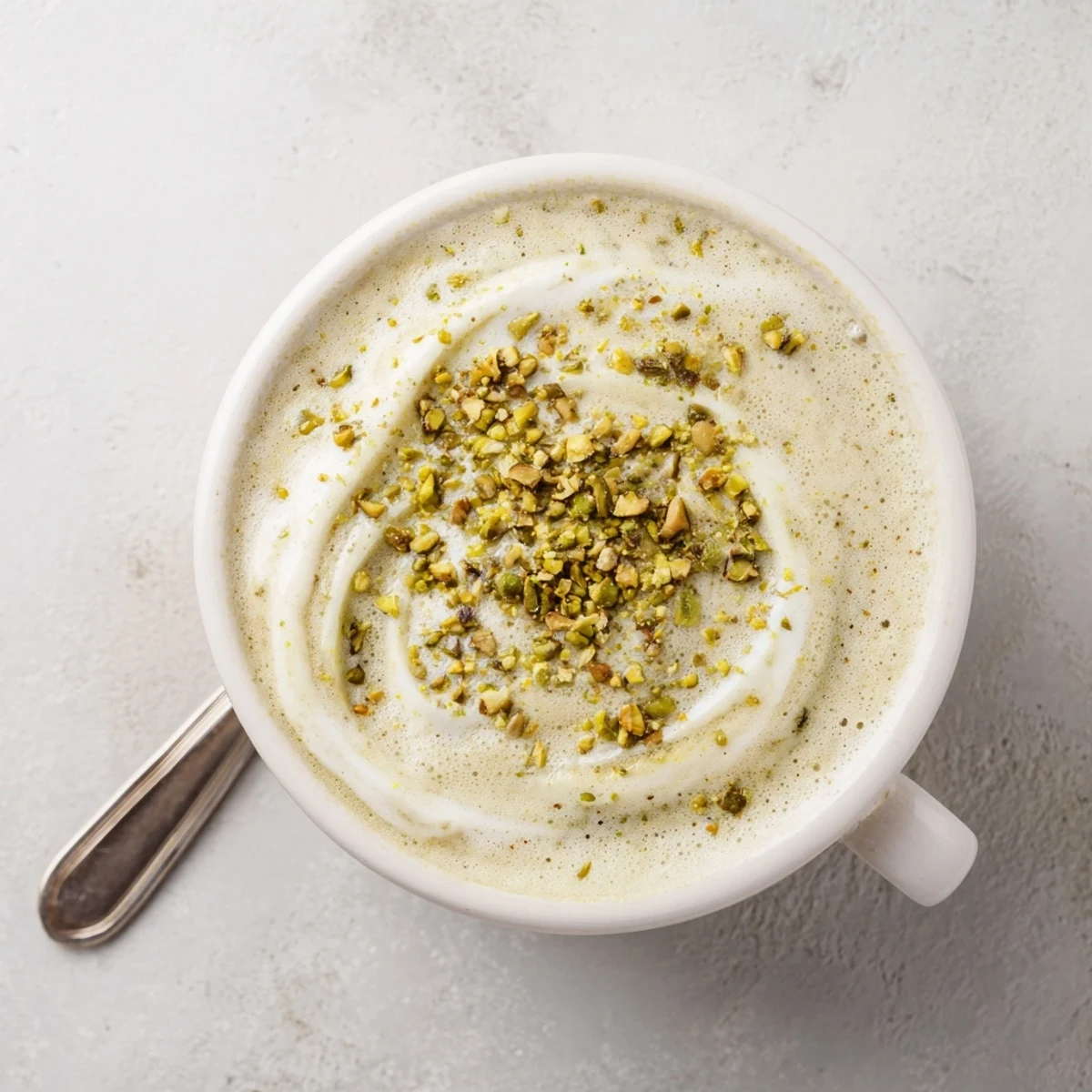Creamy pistachio milk latte topped with crushed pistachios, perfect for coffee lovers.  