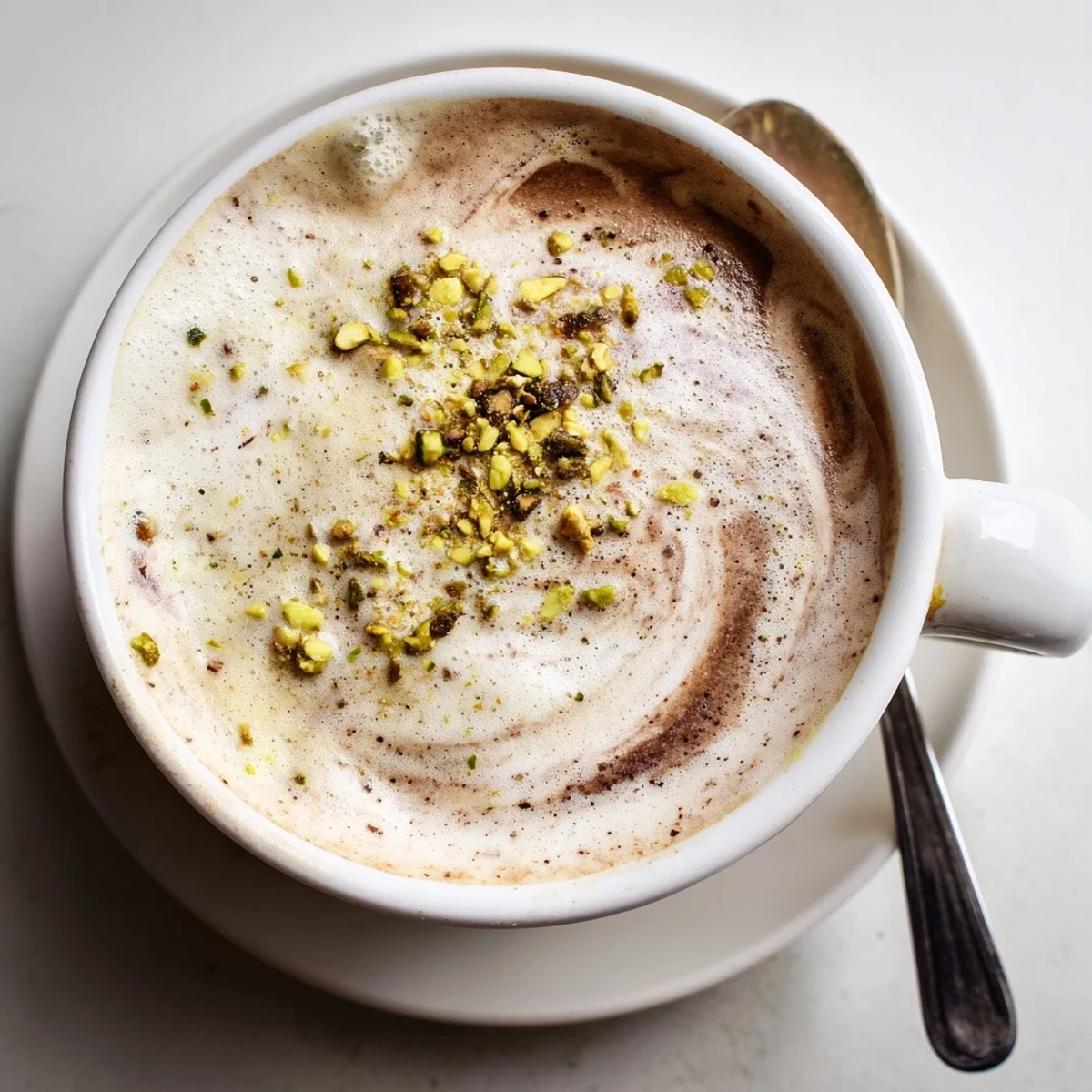 Delicious homemade pistachio milk latte served warm, a delightful nutty beverage.  