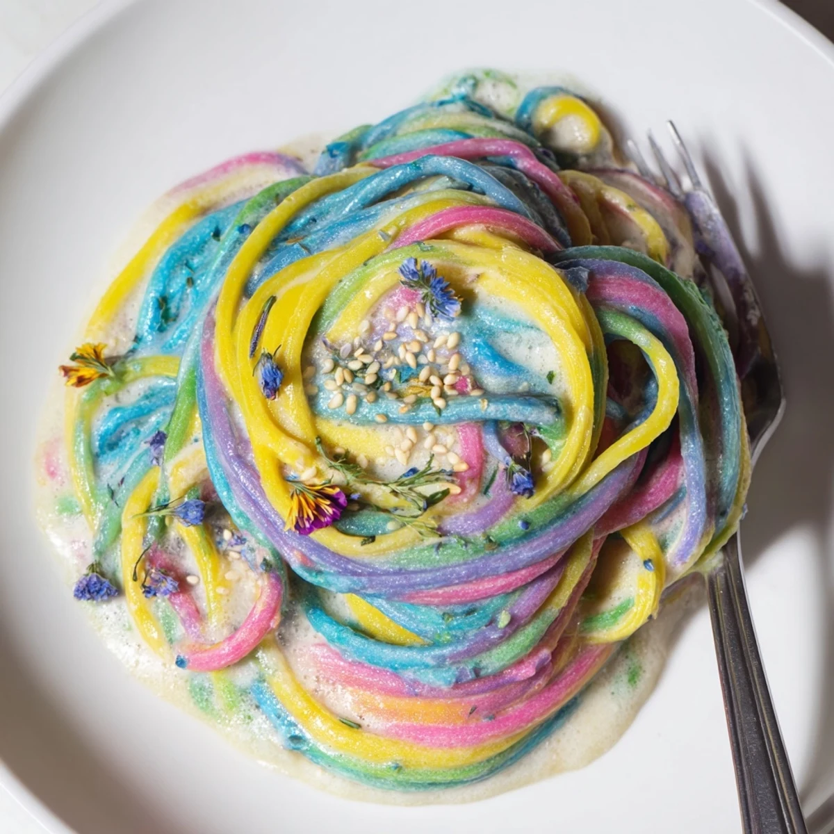 Vibrant Neon Noodle Cloud served in a creamy sauce, garnished with scallions.