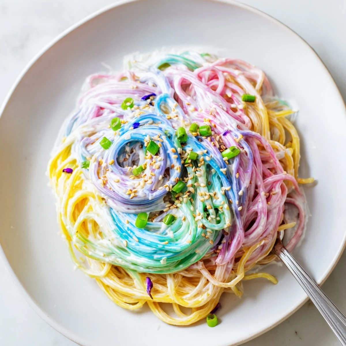 Colorful noodles swirl in a cloud-like sauce, perfect for fun family dinners.