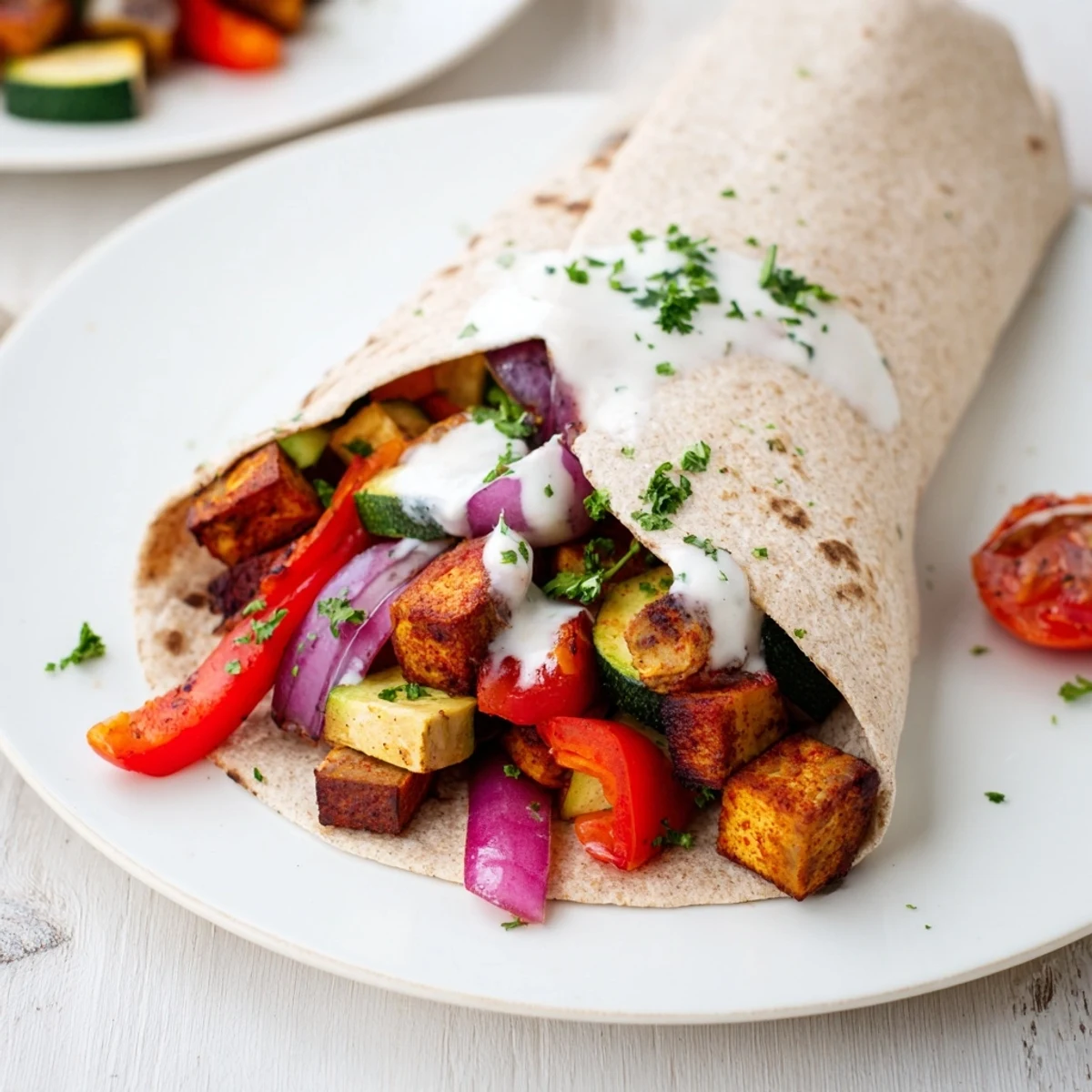 Colorful Vegan Viral Recipe re-make filled with roasted veggies and tofu, ready to serve.