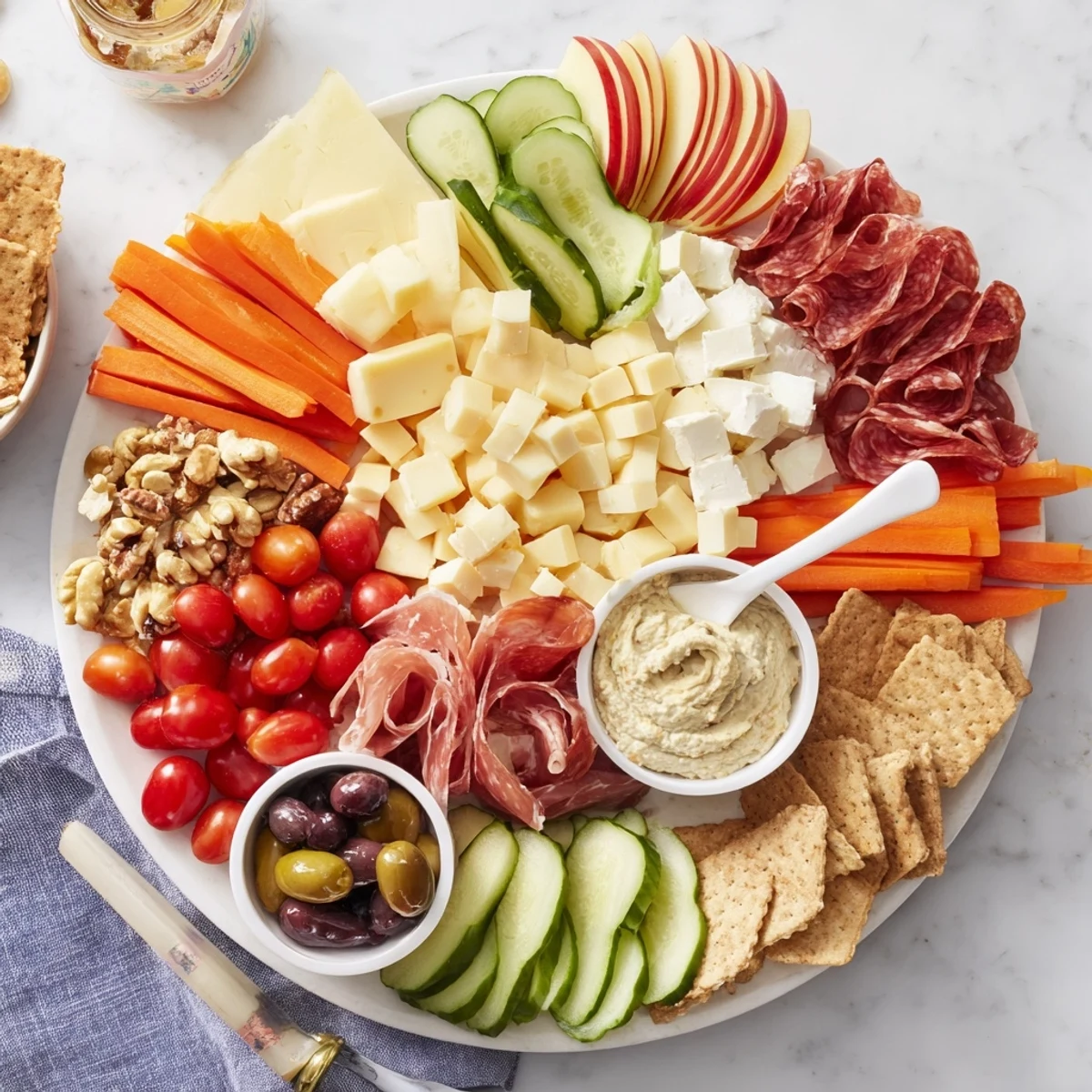 Deliciously assembled Girl Dinner Platter filled with crunchy snacks and creamy cheeses.  