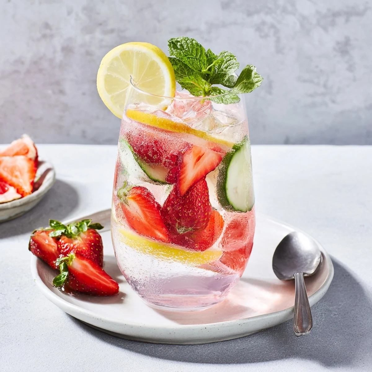 Invigorating mocktails feature strawberry syrup and ice for a delightful summer sip.  