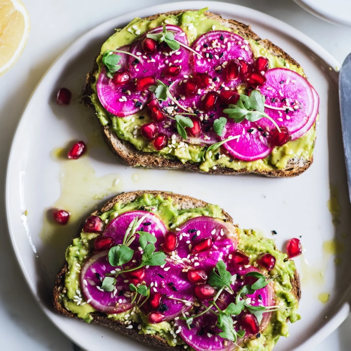 Vibrant Bright & Bold Breakfast Toasts topped with creamy ube and fresh avocado slices.
