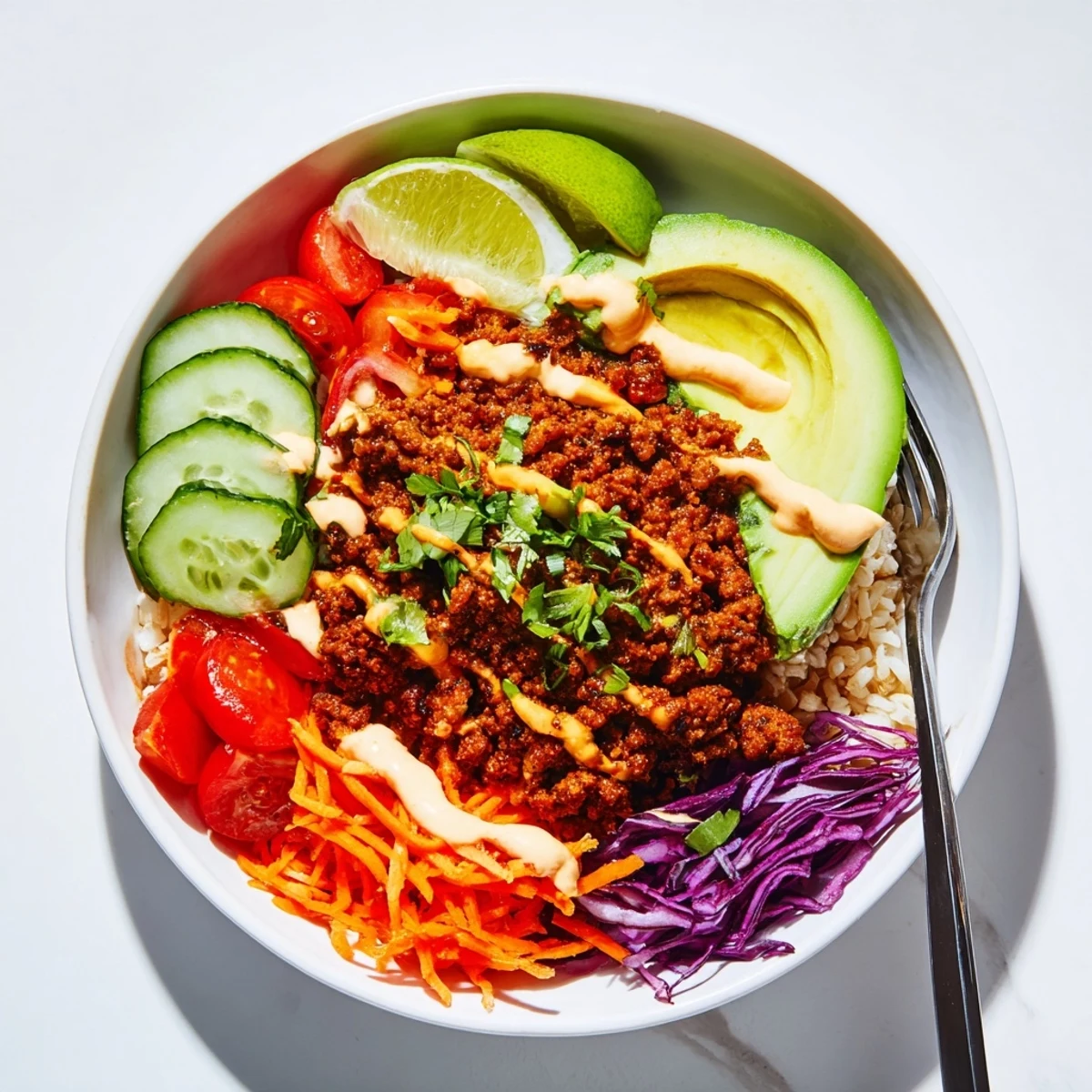 Delicious plant-based meat bowl garnished with avocado, herbs, and lime wedges.  