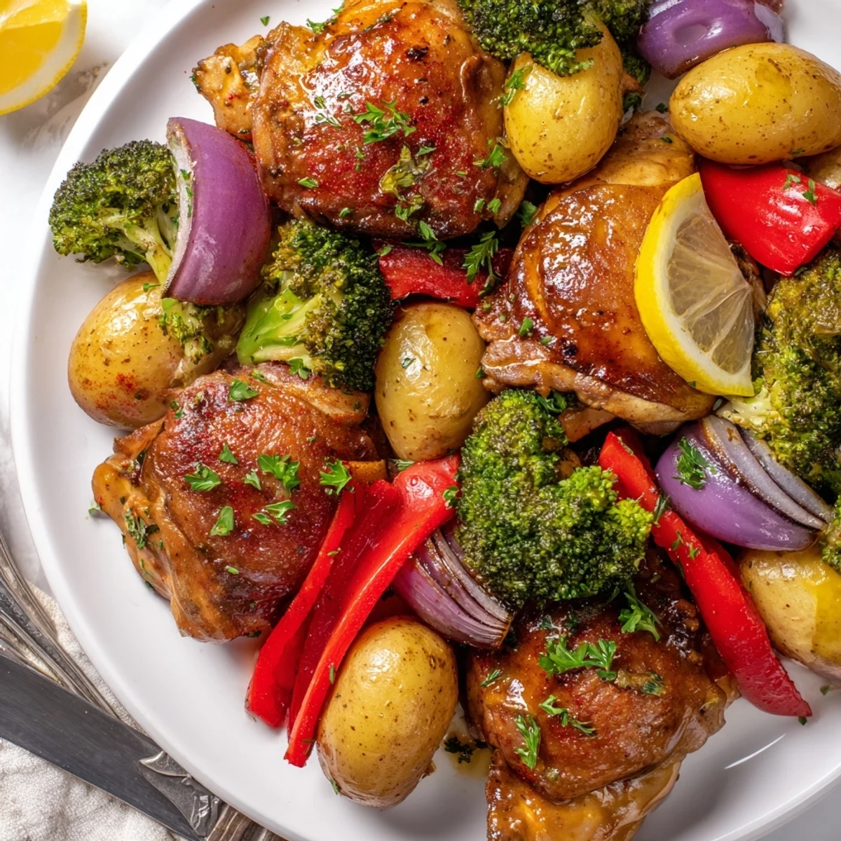 Aromatic Lazy Gourmet Chicken & Vegetable One-Pot served with fresh lemon wedges.  