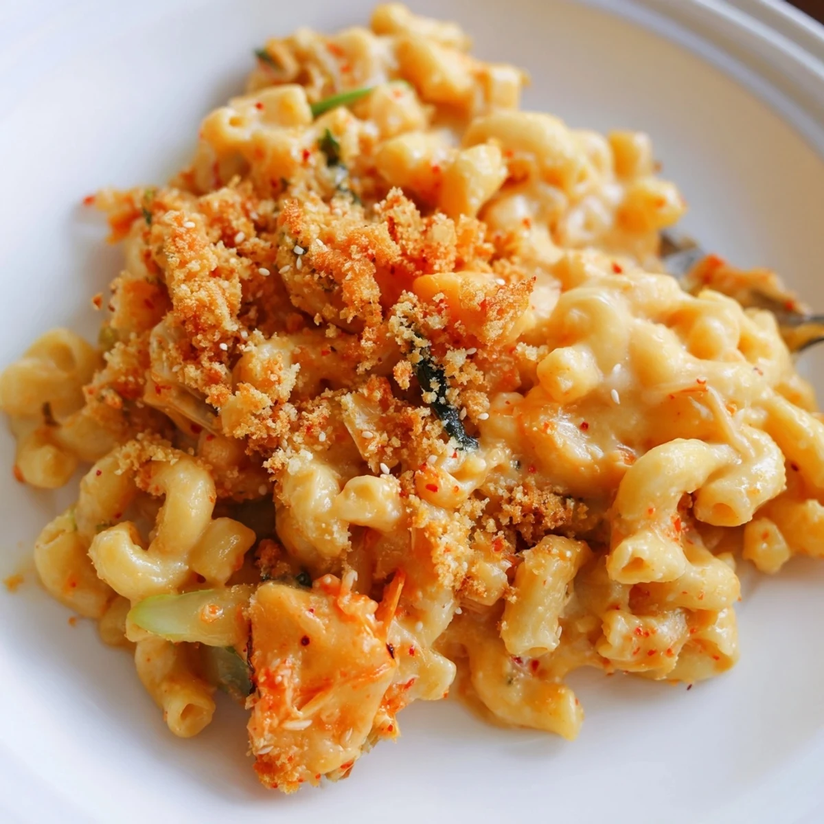 Indulge in Spicy Kimchi Mac & Cheese, a fusion delight bursting with savory goodness.  
