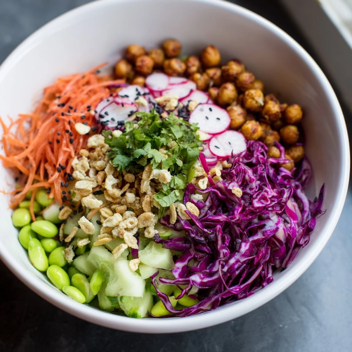Colorful ASMR Crunch Snack Bowls filled with vibrant veggies and crunchy toppings.  