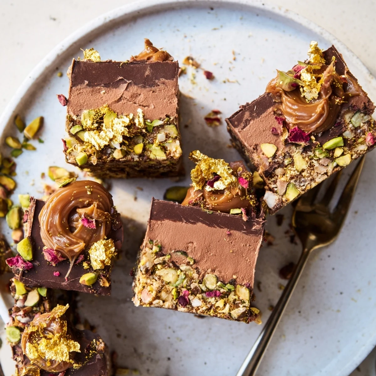 Decadent chocolate bar inspired creations topped with spiced date caramel and rose petals.  