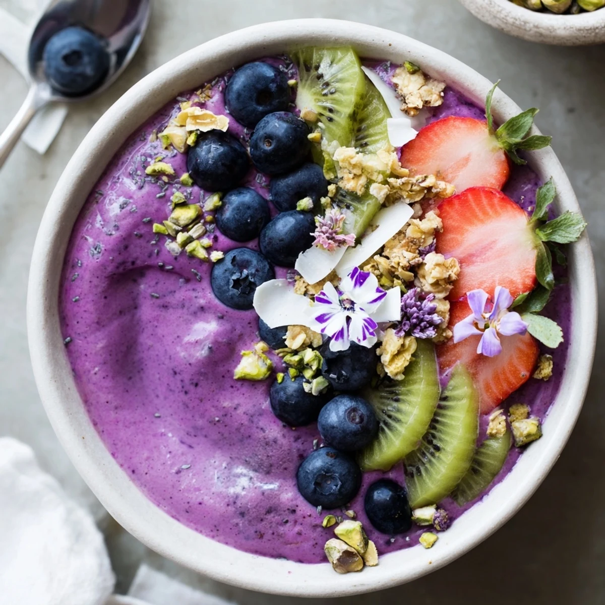 Fresh berries and crunchy toppings atop a creamy Vibrant Smoothie Bowl for a nutritious treat.  