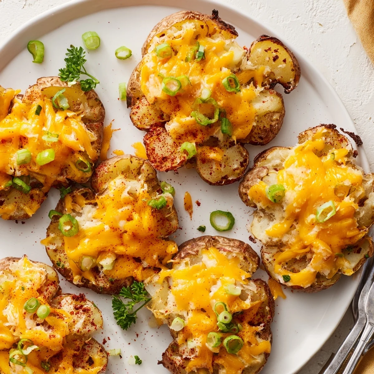 Savory Smashed Green Onion Potato Bombs; deliciously crispy and cheesy appetizers.