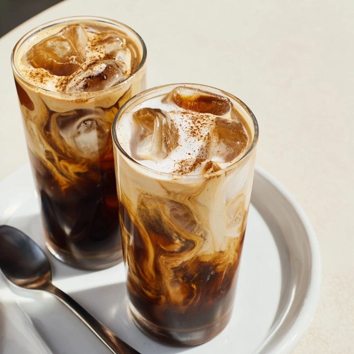 Creamy tahini iced coffee topped with plant-based milk and ice cubes.  