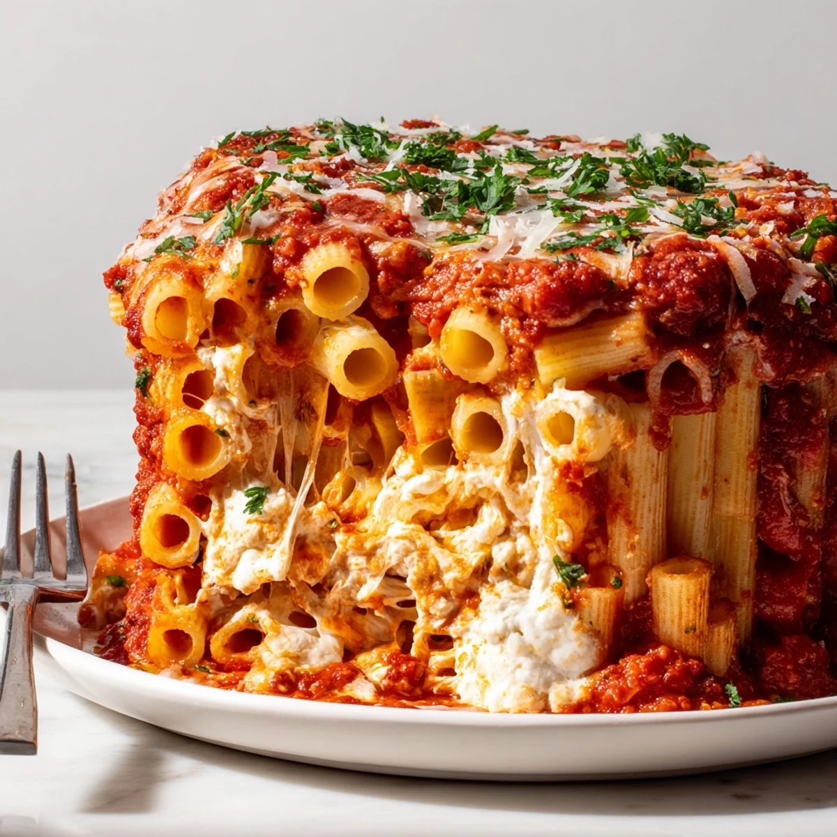 Honeycomb Pasta Cake with vibrant layers of tomato sauce, melted cheese, and hearty rigatoni.