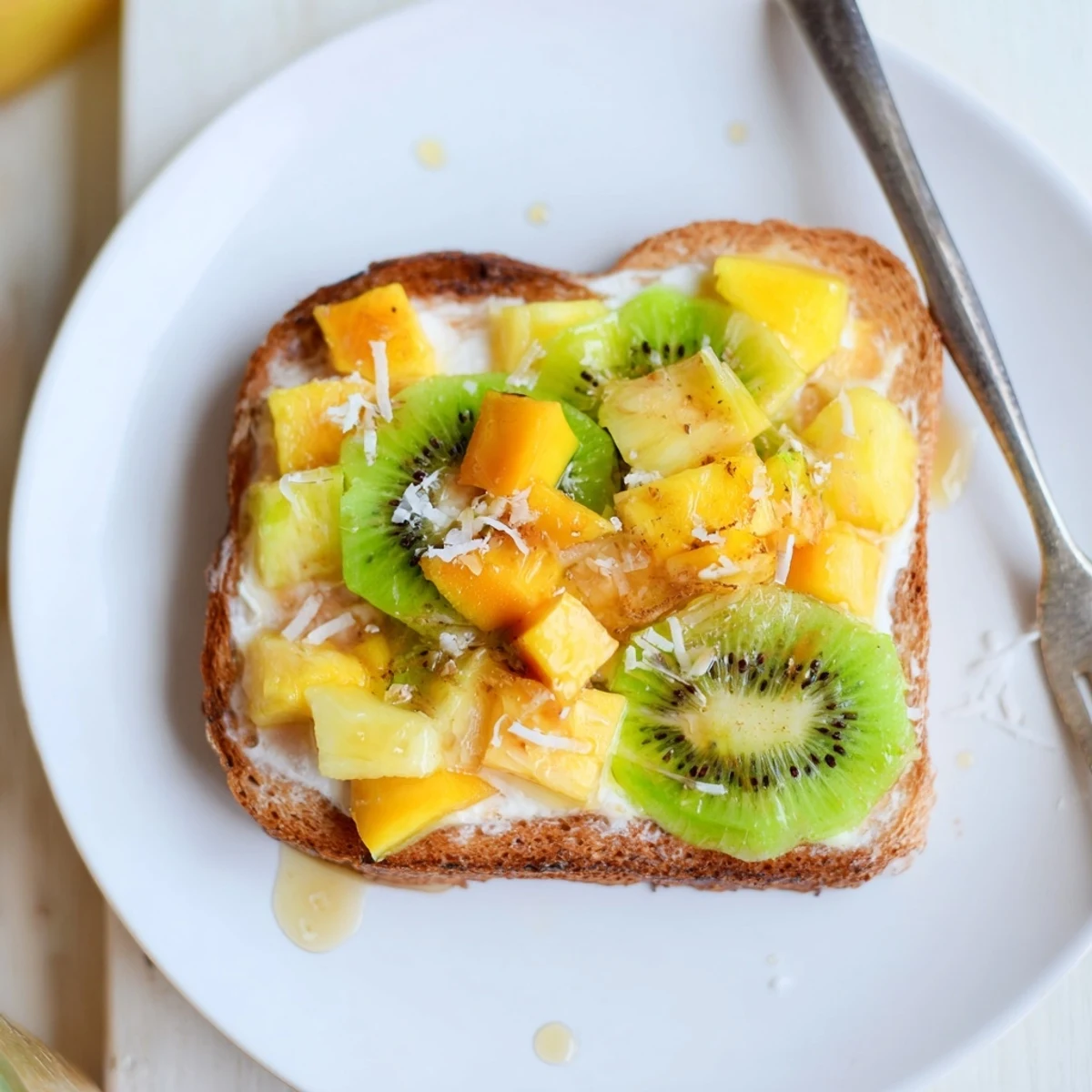 A delicious Yogurt-Custard Toast topped with tropical fruits like mango and kiwi.  