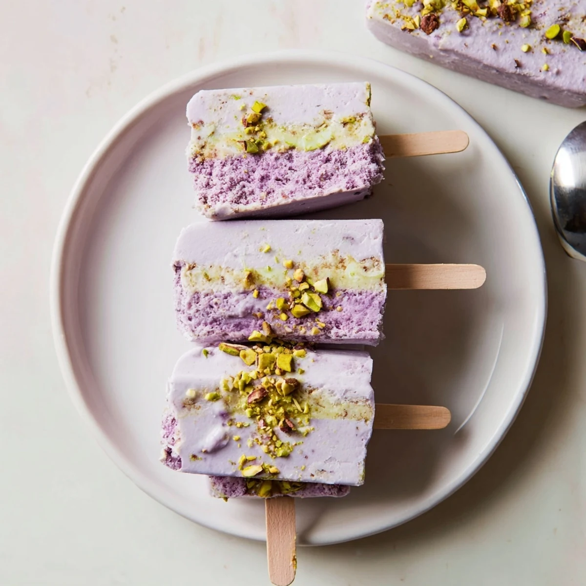 Colorful ube and rich pistachio ice cream bars, perfect for summer gatherings or desserts.  
