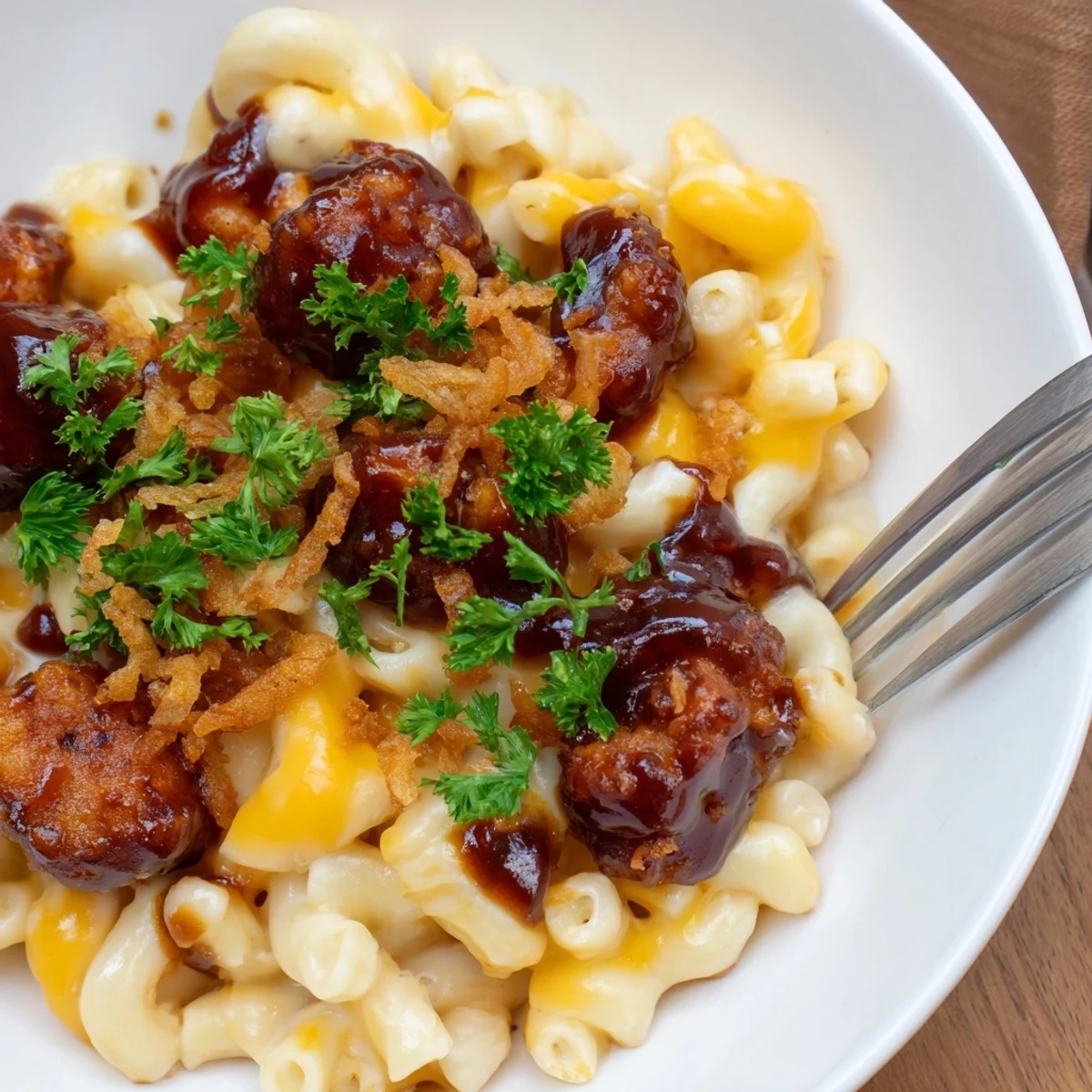 Creamy One-Pot Honey BBQ Chicken Mac and Cheese garnished with crispy onions.