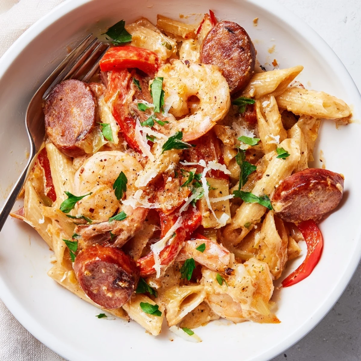 A vibrant Cajun Sausage & Shrimp Alfredo Pasta Skillet served in a cast iron pan.  