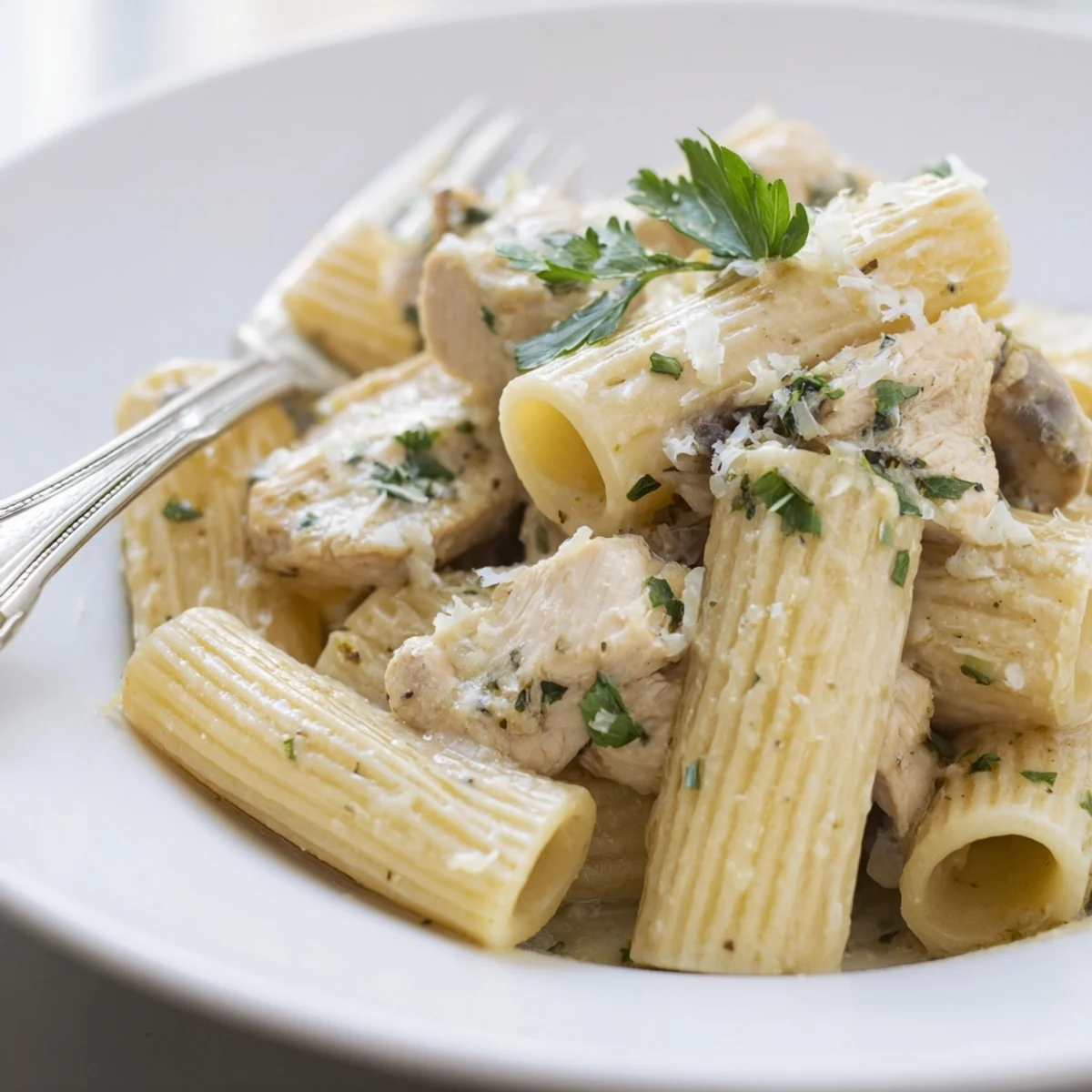 Creamy Garlic Parmesan Chicken Rigatoni topped with fresh parsley and Parmesan cheese.  
