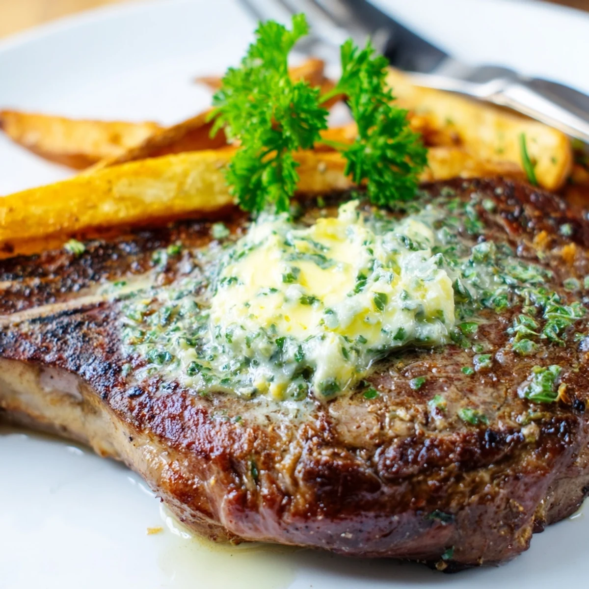 Sizzling Steakhouse Garlic Butter Steak & Fries with golden, crispy fries on the side.