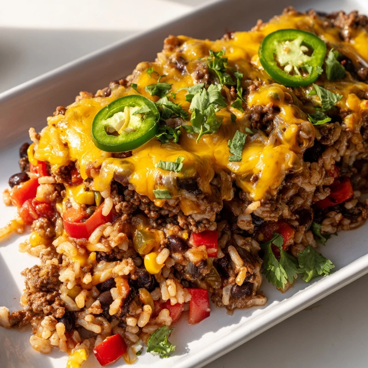 Delicious, cheesy Tex-Mex Beef & Rice Casserole, a hearty and flavorful dish, perfect for dinner tonight.