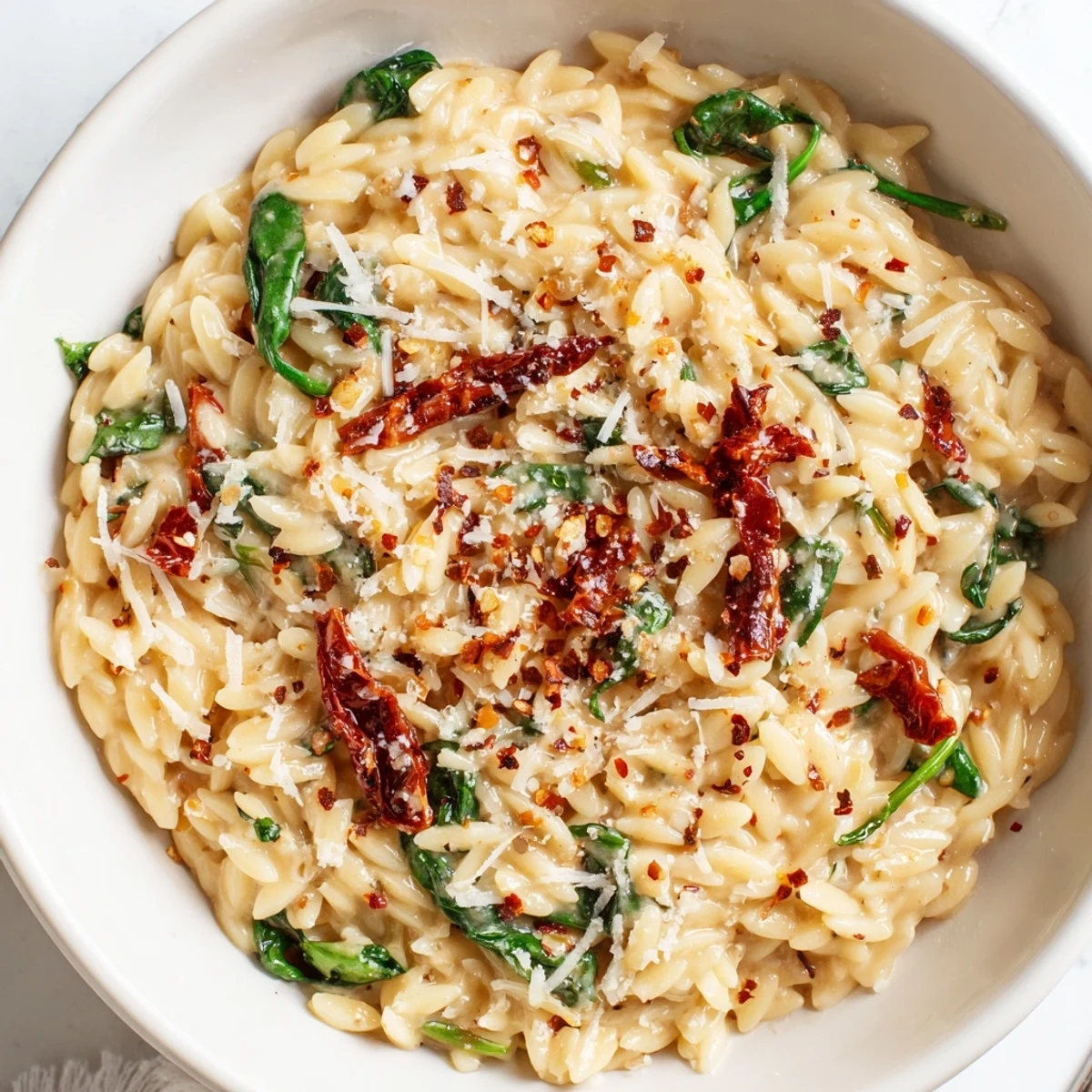Creamy Tuscan Orzo Bowl with sun-dried tomatoes—a vibrant, vegetarian Italian comfort food delight.