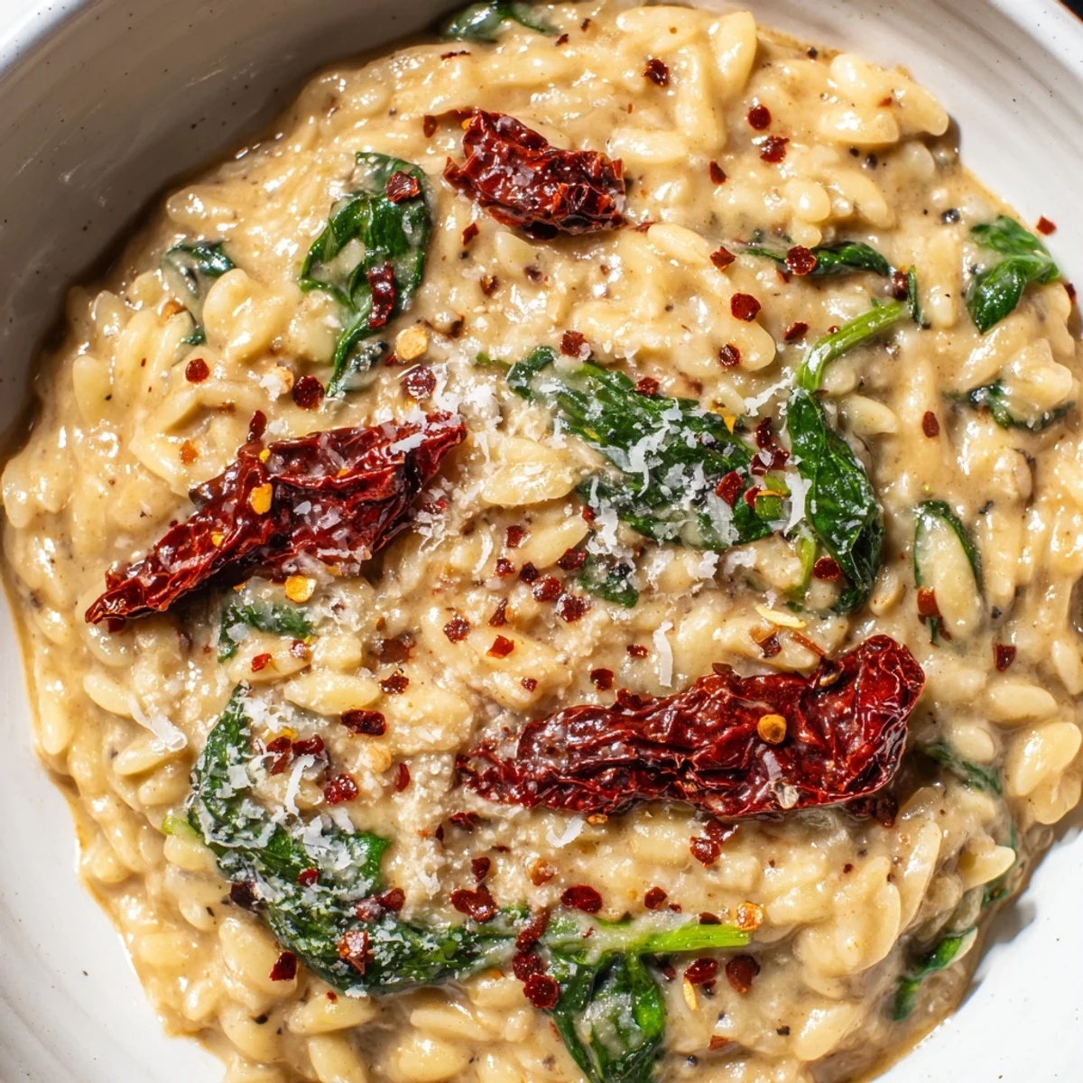 Delicious Creamy Tuscan Orzo Bowl, simmered to perfection, ready to serve with a sprinkle of cheese.
