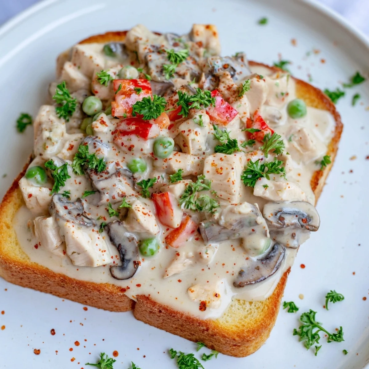 Imagine Chicken à la King: tender chicken, vibrant veggies, and creamy sauce served over toasted bread.