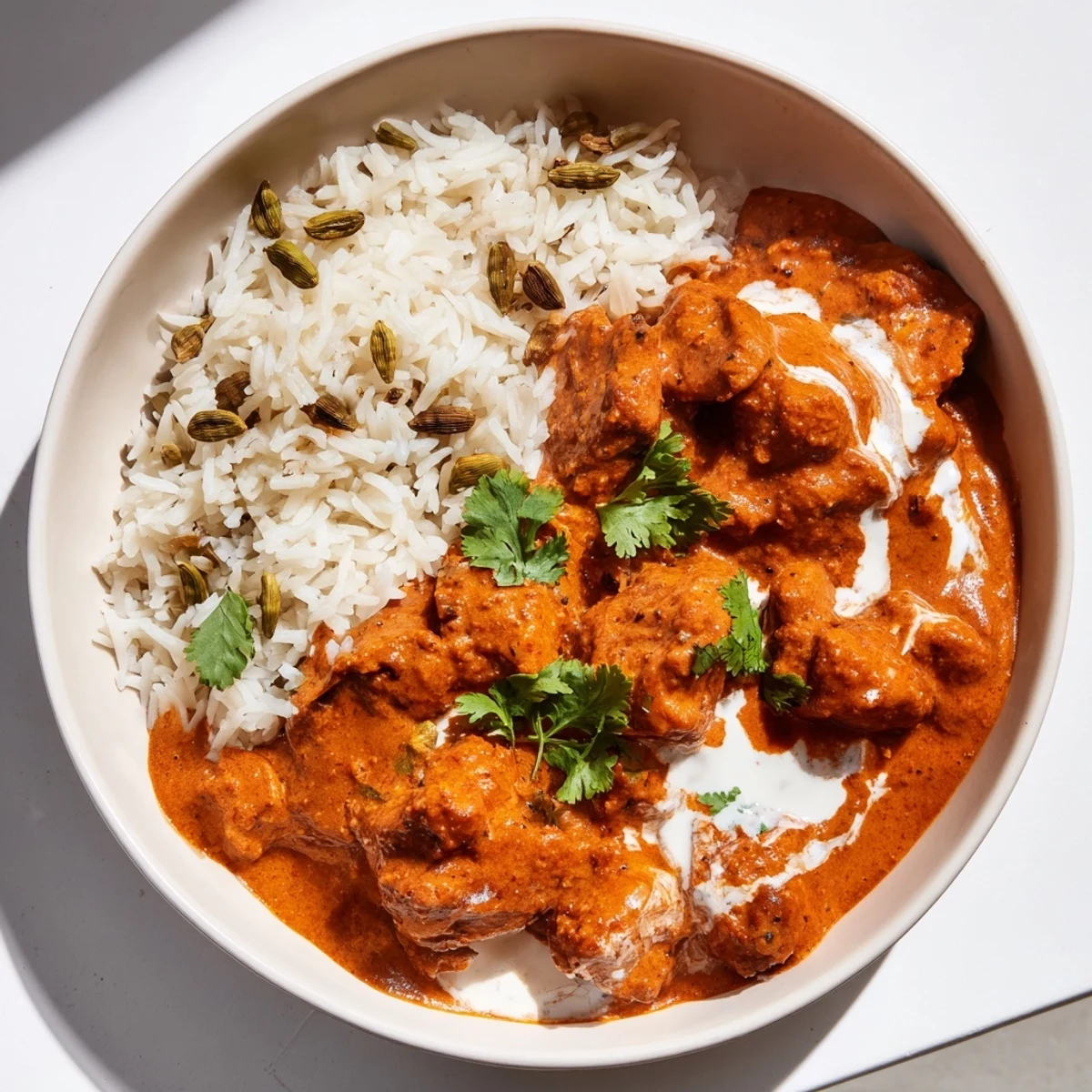 Butter Chicken dish served with fluffy rice pilaf, a creamy Indian comfort food plate.