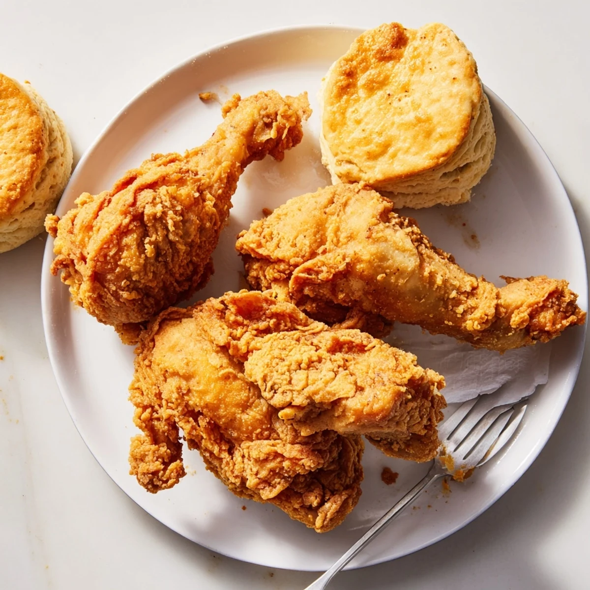 Imagine the amazing aroma of Southern fried chicken with tender, warm buttermilk biscuits on the plate.