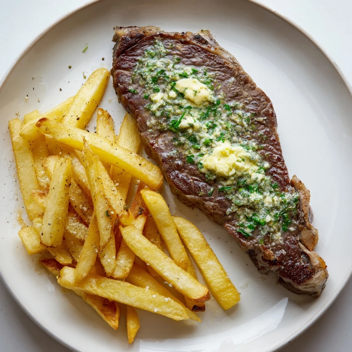 Golden-brown Steakhouse Garlic Butter Steak & Fries, sizzling from the skillet, ready to enjoy.