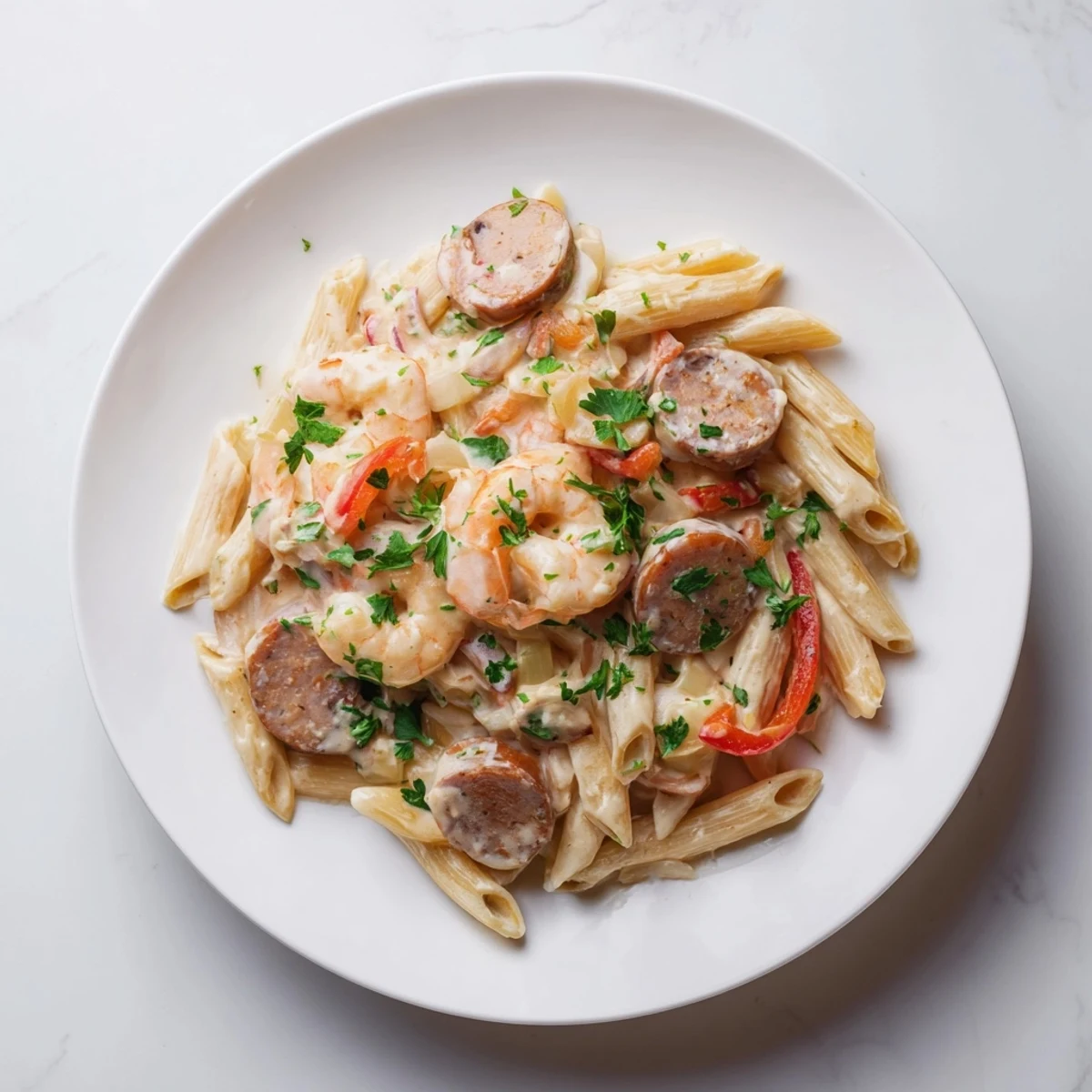 Cajun Sausage & Shrimp Alfredo Pasta Skillet sizzling in a skillet, showcasing shrimp and sausage with creamy sauce.