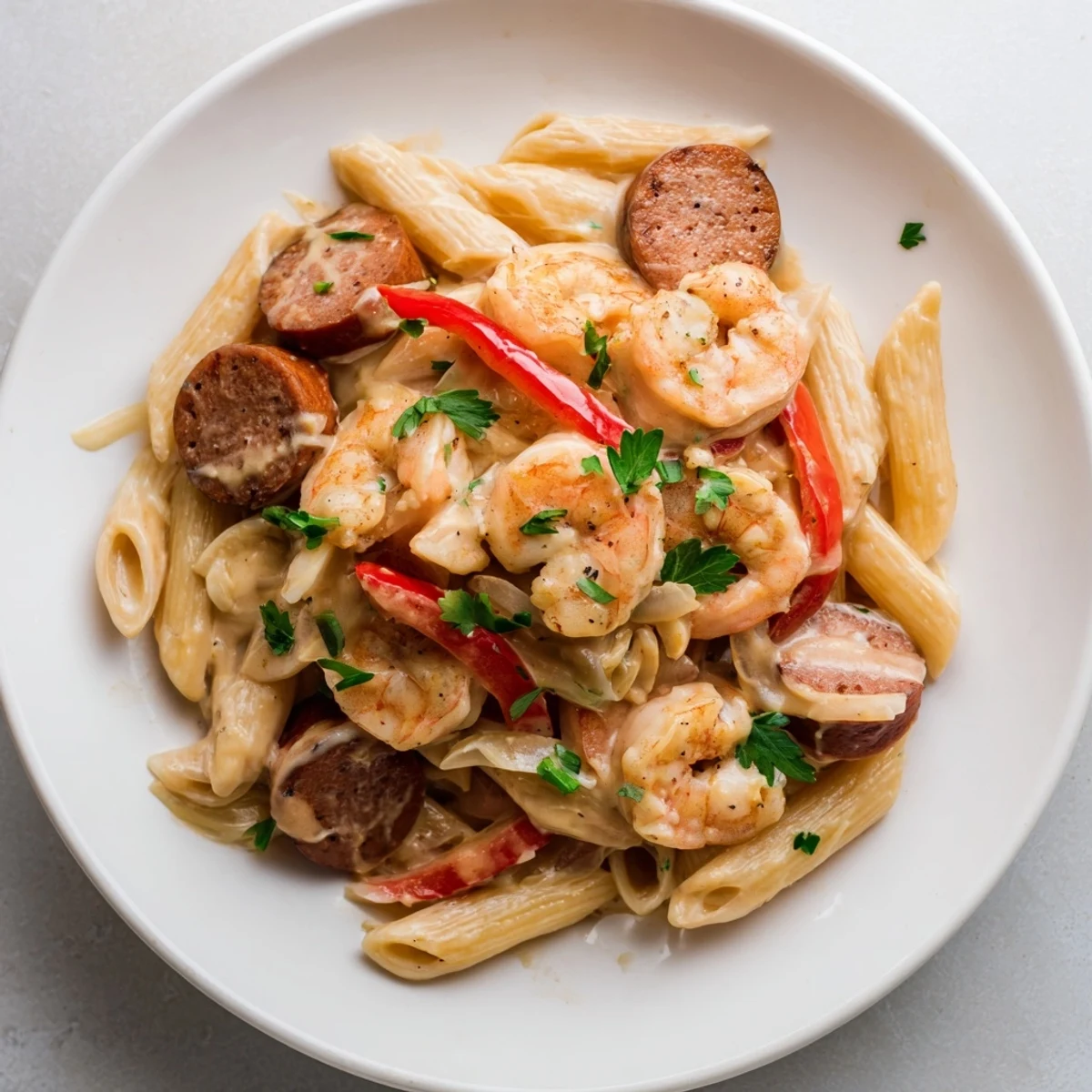 A close-up of a plate of Cajun Sausage & Shrimp Alfredo Pasta Skillet, garnished with fresh parsley for serving.