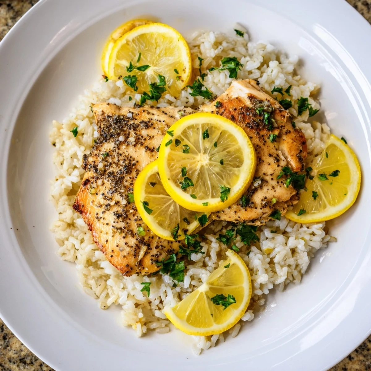 Golden, juicy Lemon Pepper Chicken atop fluffy rice, a satisfying and flavorful dinner.