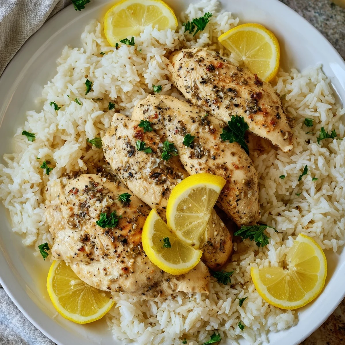 A close-up of delicious Lemon Pepper Chicken, garnished with lemon slices and fresh parsley, ready to enjoy.