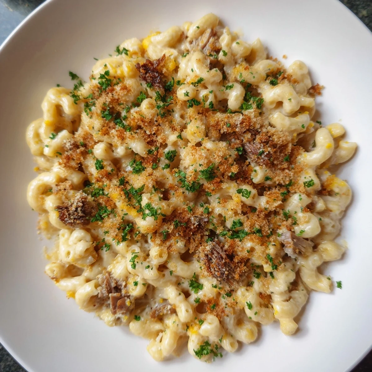 Golden-brown Barbecue Pulled Pork Mac and Cheese bubbling in a baking dish, ready to serve.