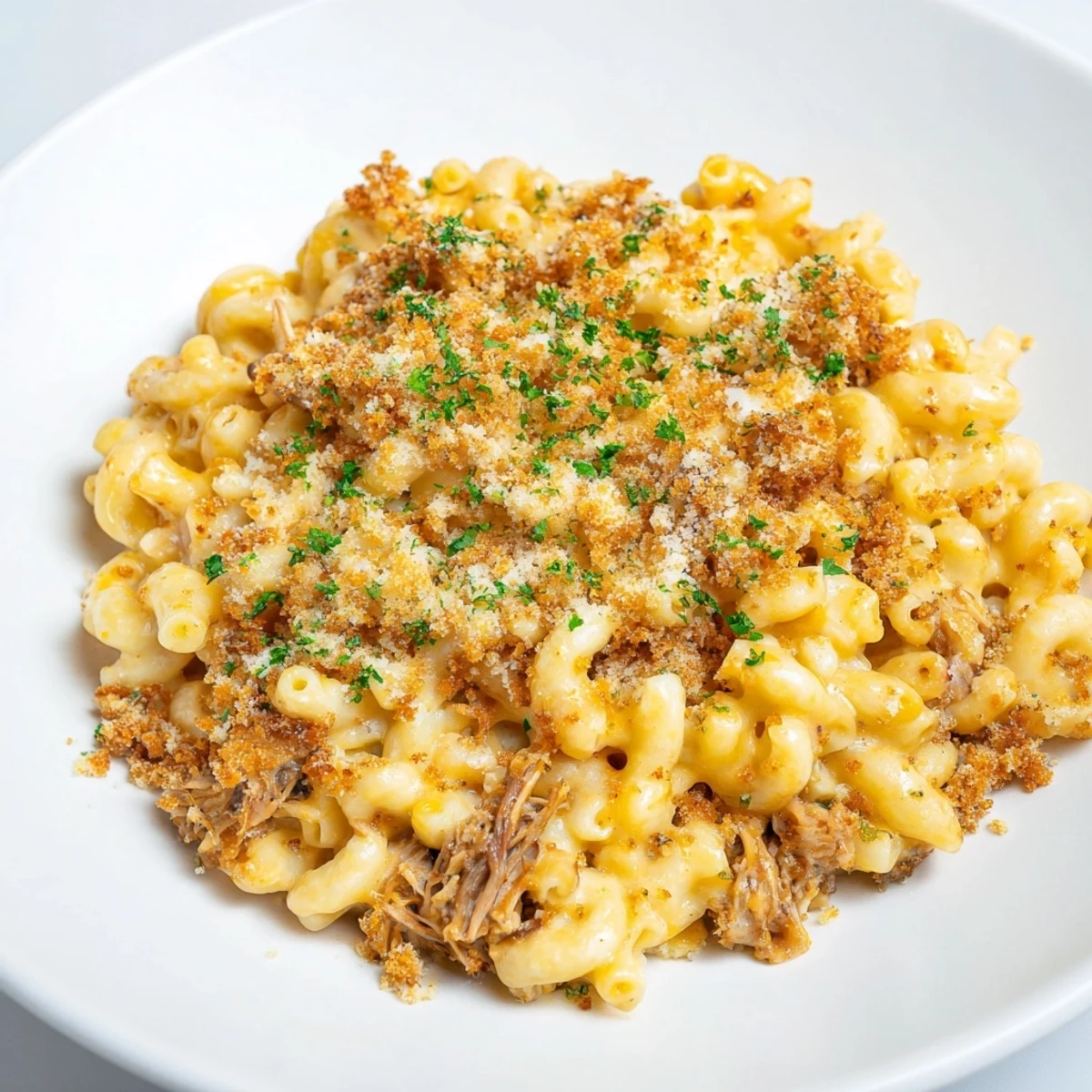 A close-up of steaming Barbecue Pulled Pork Mac and Cheese with a crispy, golden breadcrumb topping.