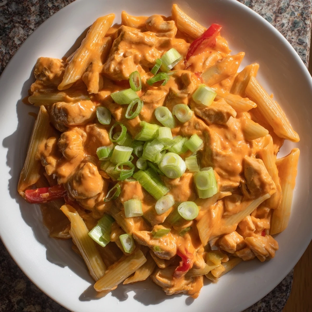 A bubbly, creamy Buffalo Chicken Pasta Skillet, a one-pan meal with melted cheese and fresh herbs.